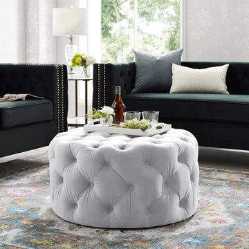 Tufted Ottoman Light Gray Velvet Ottoman Coffee Table Tufted Cocktail Ottoman Round-Richsoul-Furniture,Living Room Furniture,Ottomans & Benches